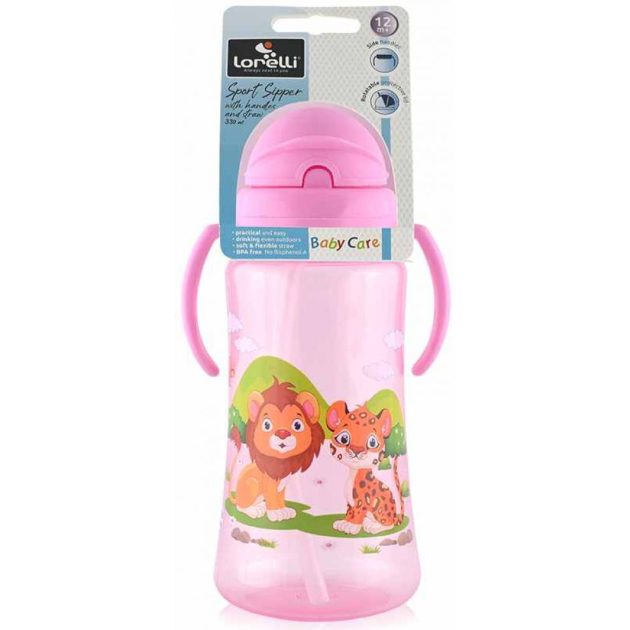 Baby Care Szafari szívószálas sportitató 330 ml - pink
