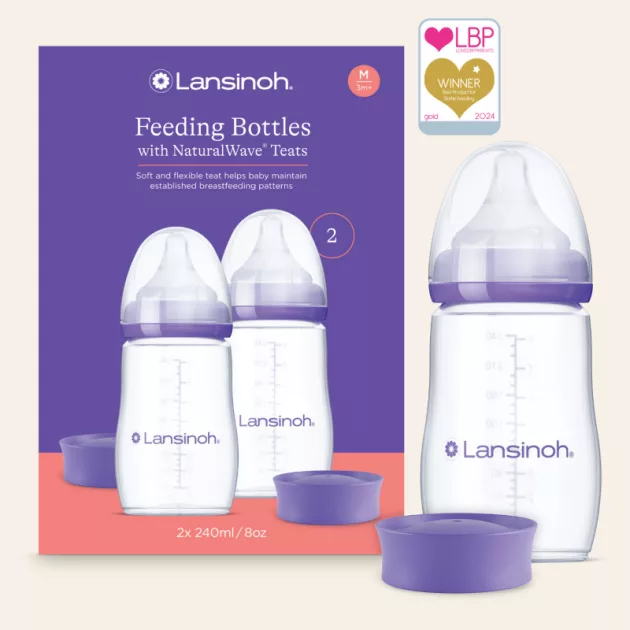 Lansinoh 2 db cumisüveg közepes folyású etetőcumival + 2 db fedéllel, 240 ml