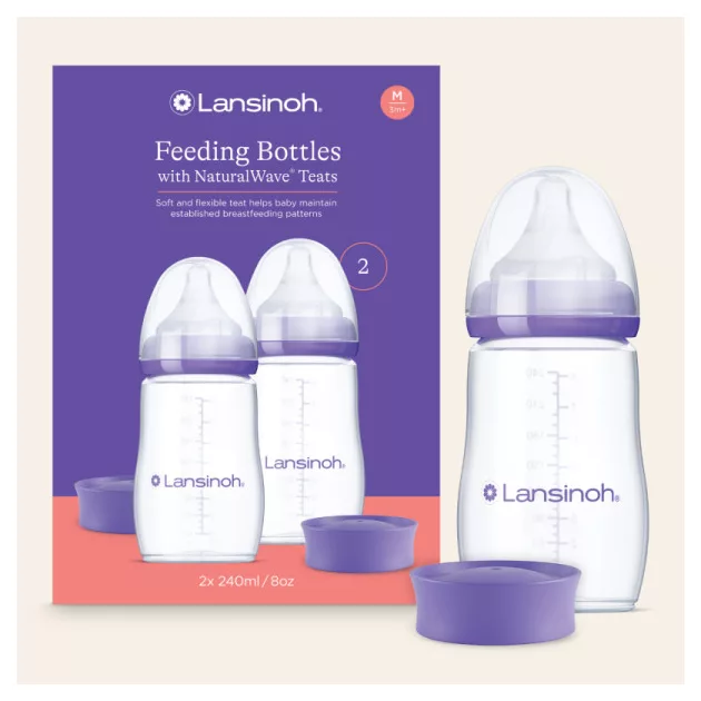 Lansinoh 2 db cumisüveg közepes folyású etetőcumival + 2 db fedéllel, 240 ml