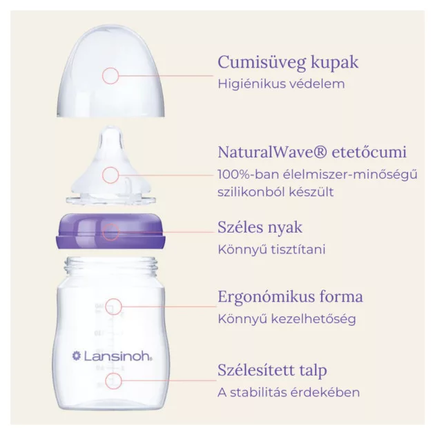 Lansinoh 2 db cumisüveg közepes folyású etetőcumival + 2 db fedéllel, 240 ml