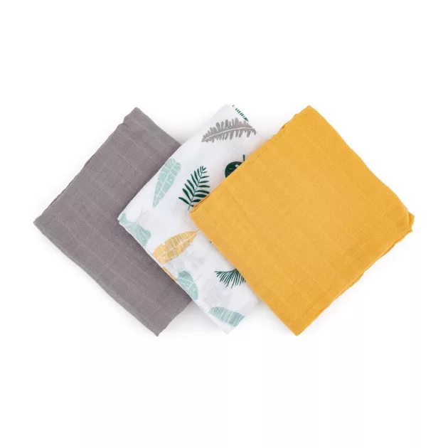 Petite&Mars Bambusz muszlin 3db-os pelenka szett, Moussy Ochre Leaves, 68 x 68 cm