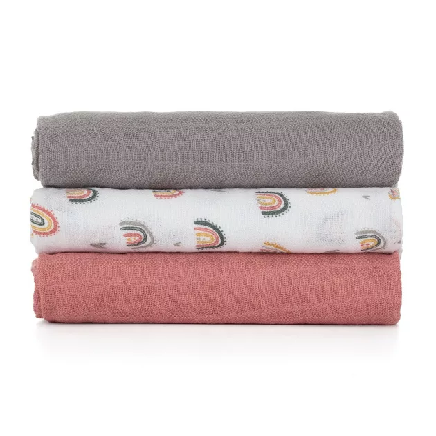 Petite&Mars Bambusz muszlin 3db-os pelenka szett, Moussy Rose Rainbows, 68 x 68 cm