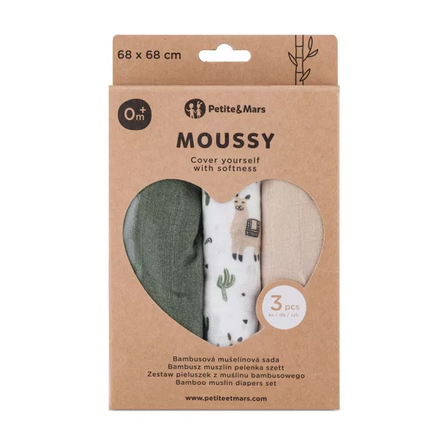 Petite&Mars Bambusz muszlin 3db-os pelenka szett Moussy Llama Vibes 68 x 68 cm