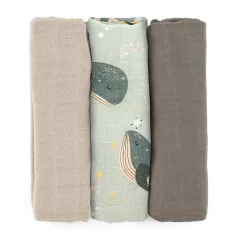   Petite&Mars Bambusz muszlin 3db-os pelenka szett Moussy Whale Song 68 x 68 cm