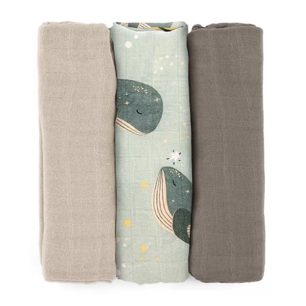 Petite&Mars Bambusz muszlin 3db-os pelenka szett Moussy Whale Song 68 x 68 cm