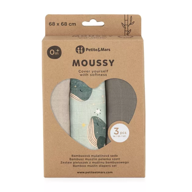 Petite&Mars Bambusz muszlin 3db-os pelenka szett Moussy Whale Song 68 x 68 cm