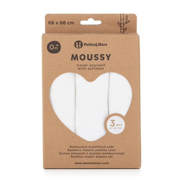 Petite & Mars Bambusz muszlin 3db-os pelenka szett Moussy Total White, 68 x 68 cm