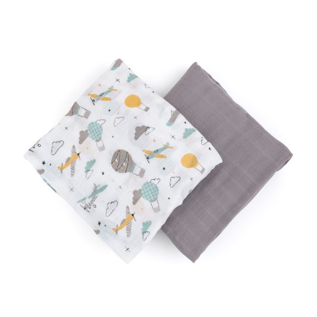 Petite & Mars Bambusz muszlin 2db-os pelenka szett Misty Grey Planes, 120 x 120 cm