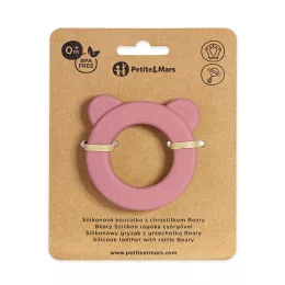   Petite&Mars Beary Szilikon rágóka csörgővel, Dusty Rose, 0 hó+