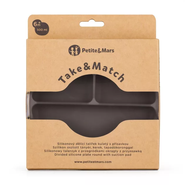 Petite&Mars Szilikon osztott tányér, kerek Take&Match Bitter Cocoa 6m+