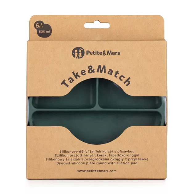 Petite&Mars Szilikon osztott kerek tányér, Take&Match, Misty Green, 6 hó+