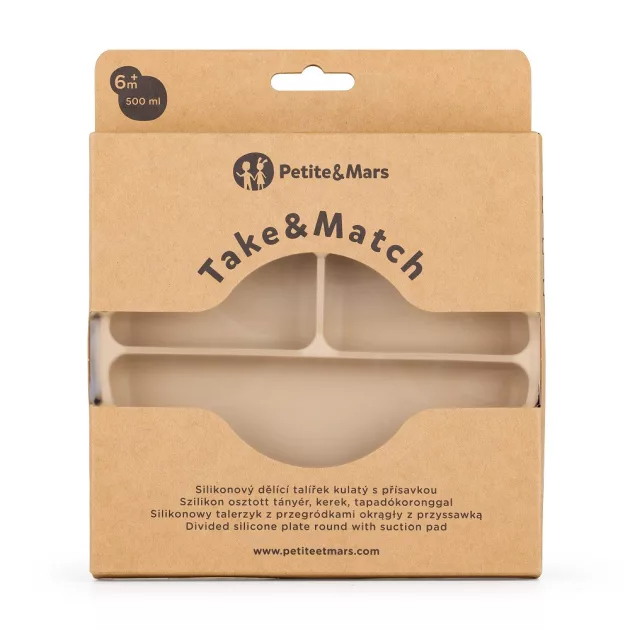 Petite&Mars Szilikon osztott kerek tányér, Take&Match, Desert Sand, 6 hó+