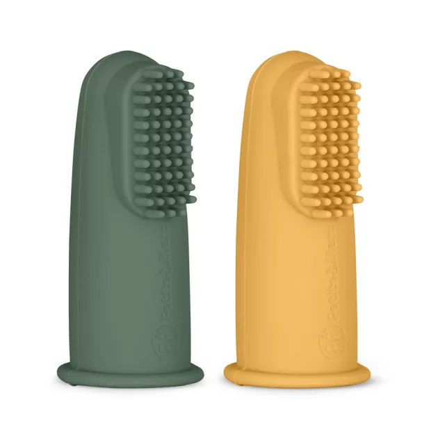 Petite&Mars Szilikon ujjra húzható 2 db fogkefe szett, Ochre&Green, 0 hó+