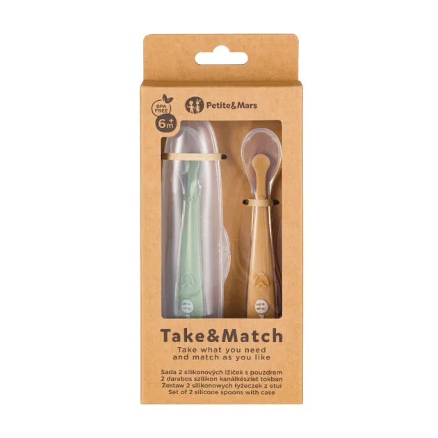 PETITE&MARS Szilikon kanálkák tokkal 2 db-os készlet Take&Match Pea - Ochre 6m+