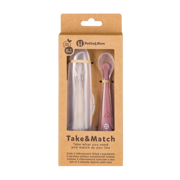 PETITE&MARS Szilikon kanálkák tokkal, 2 db-os készlet, Take&Match Sand - Rose 6m+