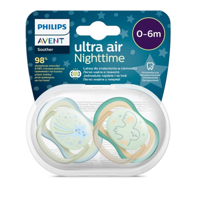 Avent SCF376/18 Játszócumi Ultra air éjszakai 0-6hó fiús, 2db