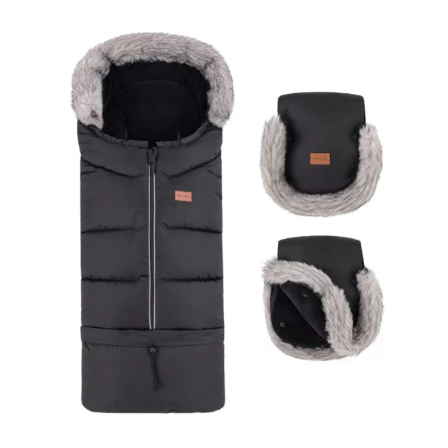 PETITE&MARS Téli szett Arctic 4in1 bundazsák + kézmelegítő kesztyű babakocsira Furry Forever Black
