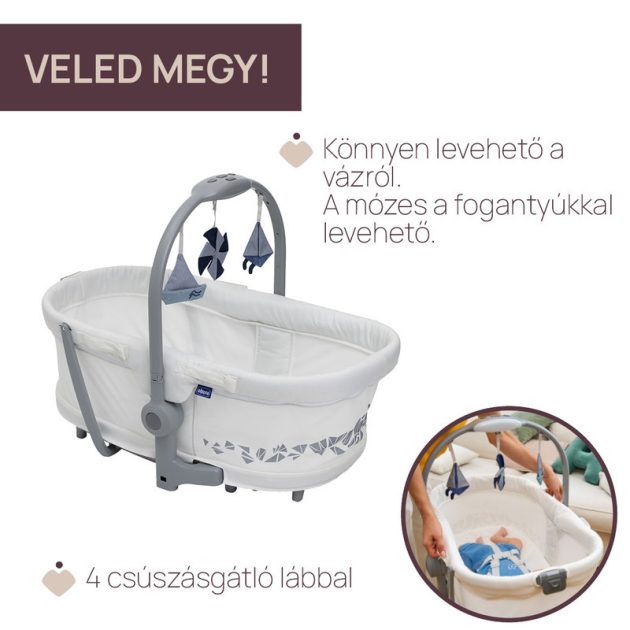 Chicco Baby Hug Pro 5in1 bölcső, pihenőszék, etetőszék, szék - White Cream