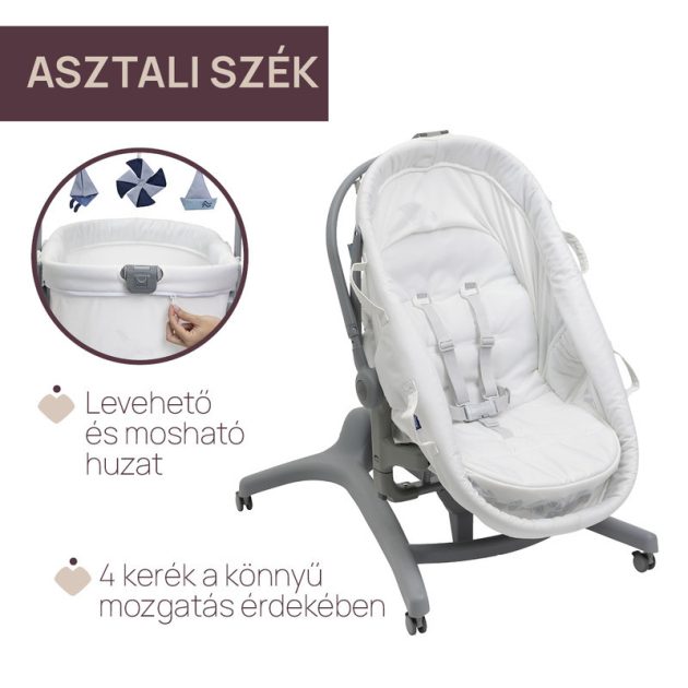 Chicco Baby Hug Pro 5in1 bölcső, pihenőszék, etetőszék, szék - White Cream