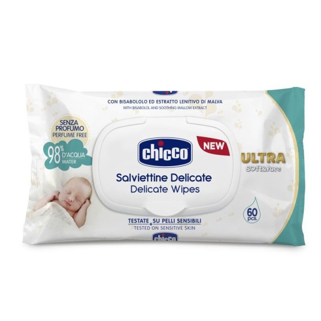 Chicco Ultra Soft & Pure törlőkendő 60 db illatmentes, 98% vízbázisú