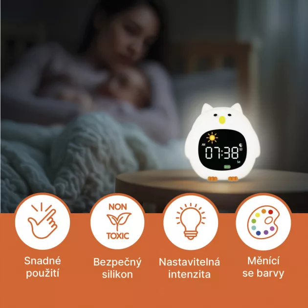 Zopa Szilikon gyermek ébresztőóra éjszakai fénnyel és zenével Owl