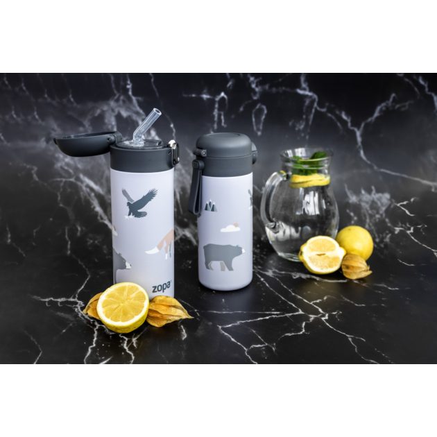 Zopa 350 ml-es termosz szívószállal és szilikon fogantyúval, dínó Dino
