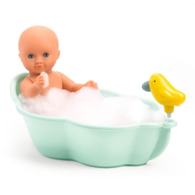 Djeco Fürdőkád játékbabáknak - Kék, sárga madárral - Bathtub