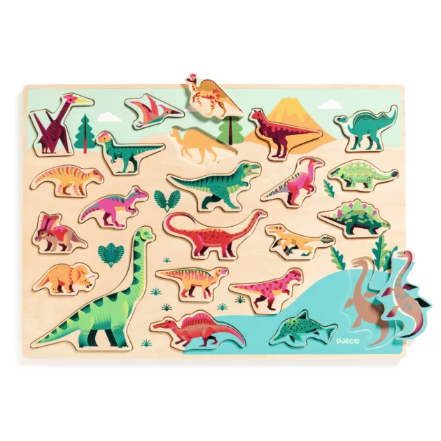 Djeco Formaillesztő formaberakó Színes dínók - Puzzlo Dino