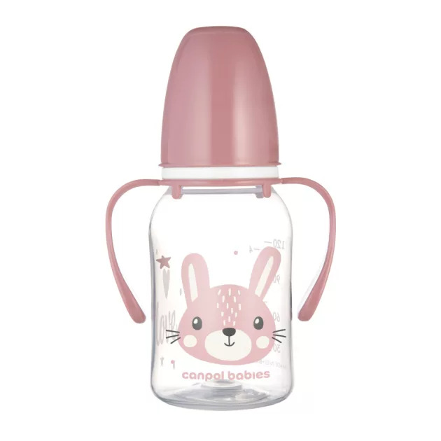 Canpol babies Keskeny nyakú cumisüveg fogantyúval, CUTE ANIMALS, 120 ml, nyuszi