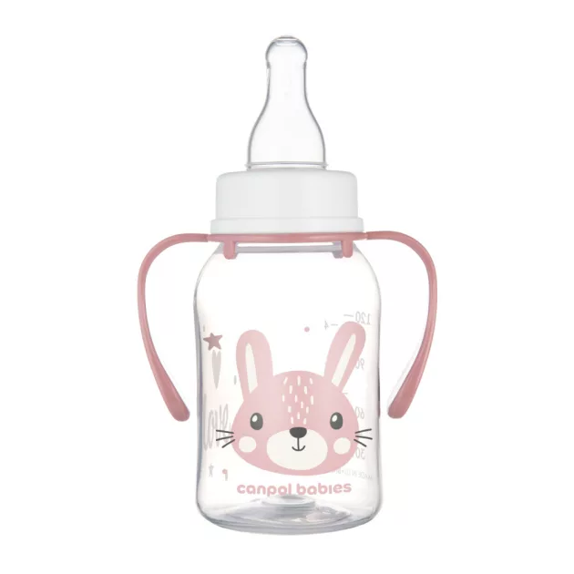 Canpol babies Keskeny nyakú cumisüveg fogantyúval, CUTE ANIMALS, 120 ml, nyuszi