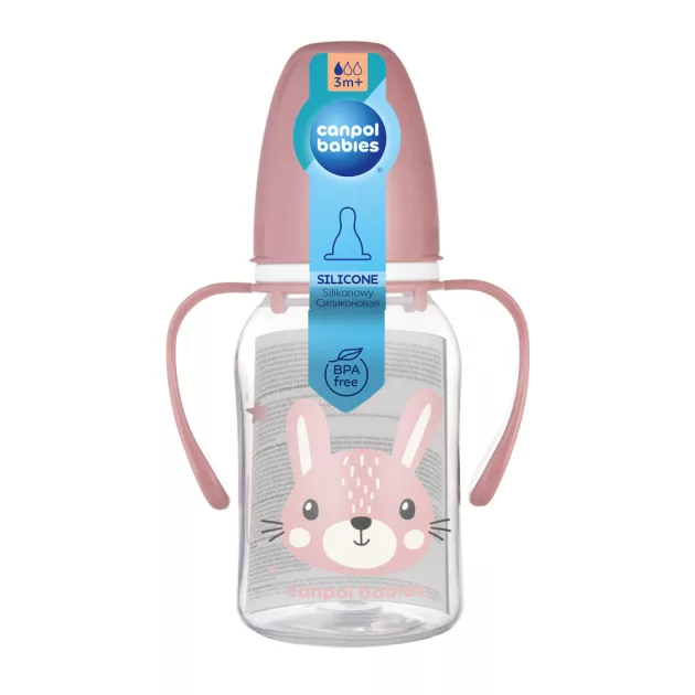 Canpol babies Keskeny nyakú cumisüveg fogantyúval, CUTE ANIMALS, 120 ml, nyuszi
