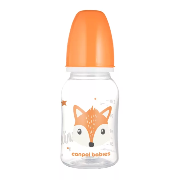 Canpol babies Keskeny nyakú cumisüveg CUTE ANIMALS 120ml - Orange