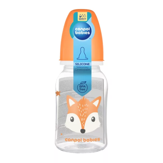 Canpol babies Keskeny nyakú cumisüveg CUTE ANIMALS 120ml - Orange