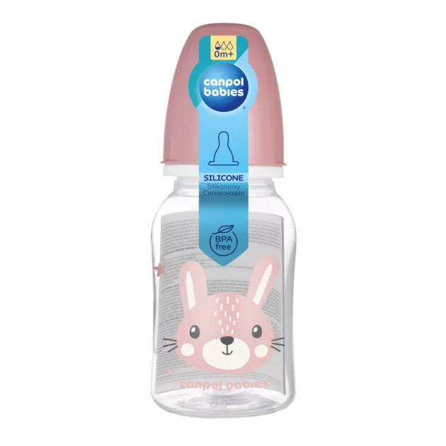 Canpol babies Keskeny nyakú cumisüveg CUTE ANIMALS 120ml - Pink