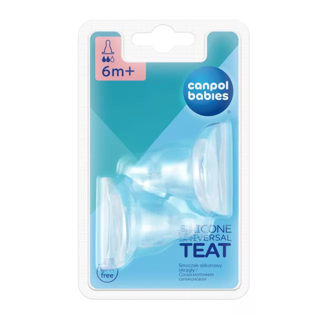 Canpol babies Univerzális, szilikonos közepes áramlású etetőcumi, keskeny cumisüveghez, 6hó+, 2db