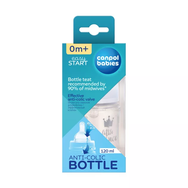 Canpol babies Anti-kólikás cumisüveg, EasyStart, ROYAL BABY, 120 ml - kék