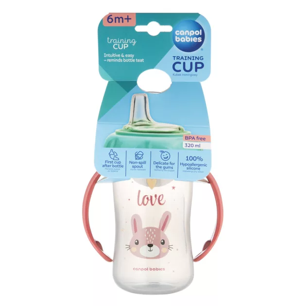 Canpol babies Tanulópohár szilikon ivócsőrrel, CUTE ANIMALS, 320ml, nyuszi