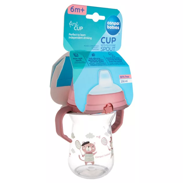 Canpol babies Itatópohár szilikonos ivócsőrrel, FirstCup, 250 ml, Bonjour Paris - rózsaszín
