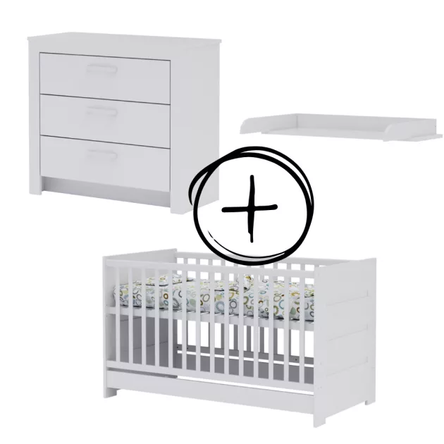 Todi White Bunny 70x140-es átalakítható babaágy + 3 fiókos komód + pelenkázó toldalék