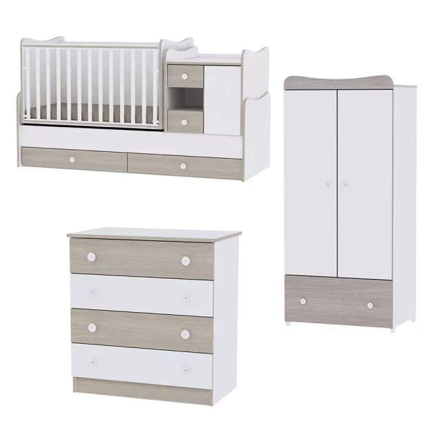 Lorelli MiniMax kombi ágy 72x190 + Komód + Exclusive szekrény - White & Amber