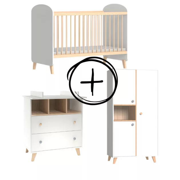 Faktum Colette Fehér 120x60-as babaágy - fehér+komód+toldalék+2 osztású szekrény (7 doboz)