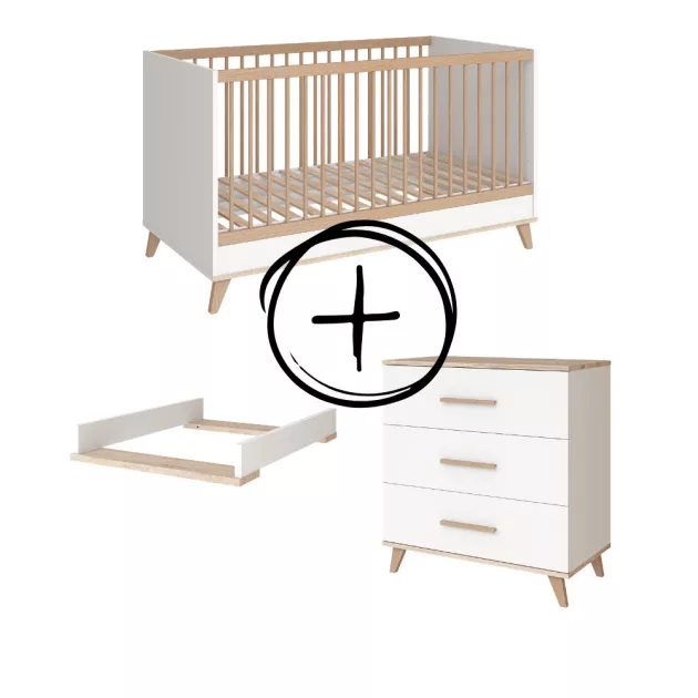 Faktum FLIP White  White & Oak átalakítható 140-es babaágy - fehér +komód+toldalék (5 doboz)