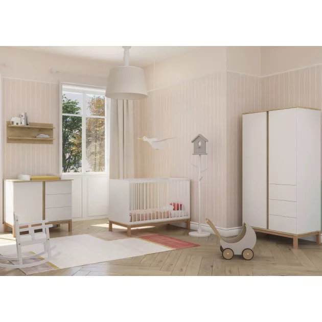 Faktum Loop White&Oak Átalakítható 140-es babaágy  - fehér+komód+toldalék+2 osztású szekrény  (8 doboz)