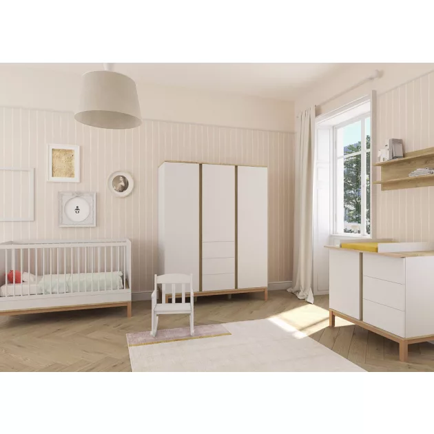 Faktum Loop White&Oak 120-as babaágy - fehér+komód+toldalék+3 osztású szekrény (9 doboz)
