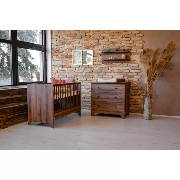 Faktum Nest Walnut 120-as babaágy - mogyoró+komód+toldalék+ 3 osztású szekrény (9 doboz)