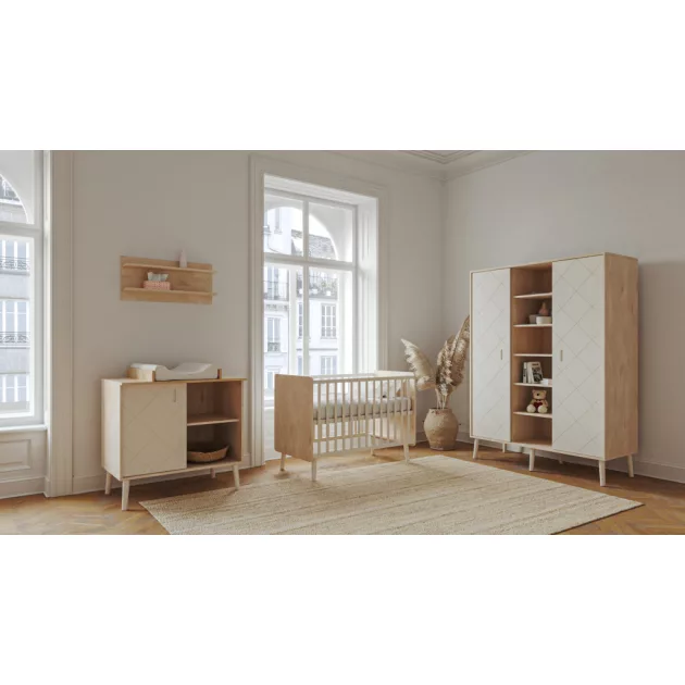 Faktum Peak Natural Oak and White 120-as babaágy - oak+komód+toldalék+3 osztású szekrény (9 doboz)