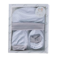   Gamberritos kiegészítő szett újszülötteknek 3 részes (sapka, kesztyű, kiscipő) pöttyös - szürke