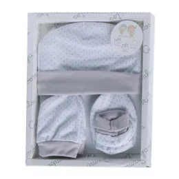   Gamberritos kiegészítő szett újszülötteknek 3 részes (sapka, kesztyű, kiscipő) pöttyös - szürke