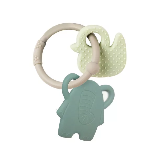 Nattou szilikon rágóka gyűrűn Elefánt és kacsa - szürke