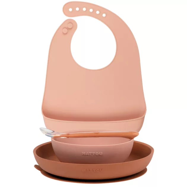 Nattou szilikon étkészlet 4 részes előkével - pink